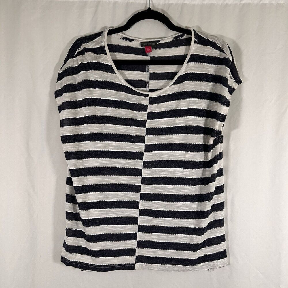 Vince Camuto Blouse Women's Medium White Blue Striped Short Sleeve Round Neck
